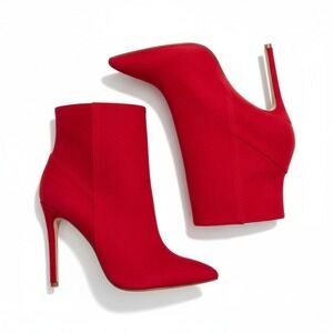 Bebe Red Pointed Toe Stiletto Ankle Bootie Faux Suede Retro Glam Size 8 Chic NWB